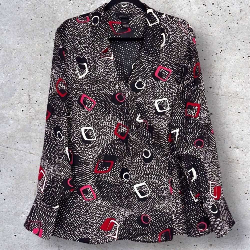 Lane Bryant Wrap Top Womens 3X Black Red White Polka Dot Size 22/24 Office
